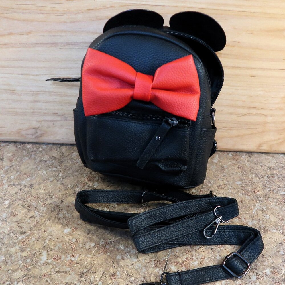 Cute Minnie Mouse Style Mini Back Pack Purse Faux Leather Black with Red Bow